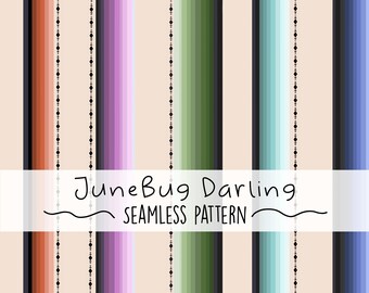 May include: A seamless pattern with vertical stripes in shades of orange, pink, green, blue, and black. The stripes are separated by a repeating pattern of small black diamonds.