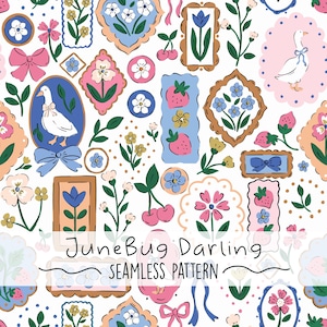 Pode incluir: Um padrão sem costura com ilustrações de flores, morangos, cerejas e imagens emolduradas de um ganso e laços. O design incorpora uma paleta de cores rosa, azul e branco, com o texto "JuneBug Darling SEAMLESS PATTERN".