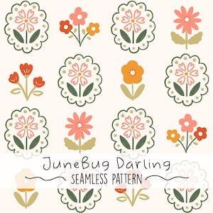 Pode incluir: Um padrão sem costura que apresenta uma variedade de flores estilizadas em tons de rosa, laranja e vermelho. As flores são dispostas em um padrão repetitivo sobre um fundo branco. O texto "JuneBug Darling" e "Seamless Pattern" está incluído no design.