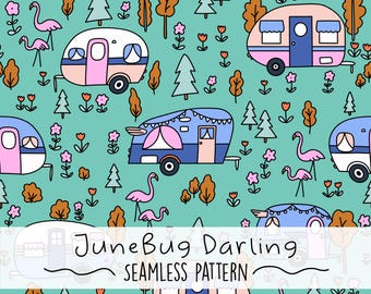 Padrão de repetição sem costura retrô Camper desenhado à mão Arte digital PNG Padrão digital Padrão fofo de acampamento retrô RV Glamping Design de verão e primavera