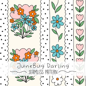 Puede incluir: Patrón sin costuras con flores estilizadas en tonos azules, naranjas y rosas, con hojas verdes, sobre un fondo crema. El diseño incluye rayas verticales con bordes festoneados y lunares negros. El texto "JuneBug Darling SEAMLESS PATTERN" está presente.