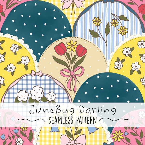 Retro Floral Bögen Nahtlose Jakobsmuschel Rapportmuster Hand Gezeichnet Coquette PNG Gingham Digitales Papier Kommerzieller Gebrauch Scrapbooking