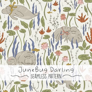 May include: A seamless pattern with cartoon manatees, fish, and aquatic plants in an underwater setting. The design includes manatees with bows, pink lotus flowers, and the text "JuneBug Darling SEAMLESS PATTERN". The colour palette is soft, with shades of grey, blue, green, and orange.