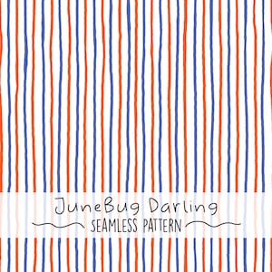 May include: Seamless pattern with vertical stripes in red and blue on a white background. The text "JuneBug Darling SEAMLESS PATTERN" is displayed in a white rectangular banner at the bottom of the image.