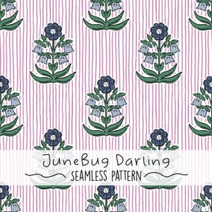 May include: Seamless pattern featuring stylized floral designs in navy blue and light blue, set against a backdrop of vertical pink stripes. The text "JuneBug Darling SEAMLESS PATTERN" is displayed at the bottom.