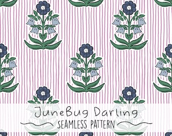 May include: Seamless pattern featuring stylized floral designs in navy blue and light blue, set against a backdrop of vertical pink stripes. The text "JuneBug Darling SEAMLESS PATTERN" is displayed at the bottom.