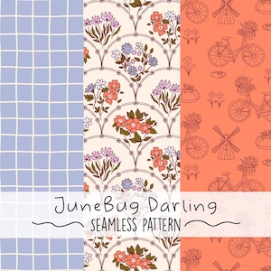 以下が含まれることがあります： 3つの異なるパターンを特徴とするシームレスなパターンデザイン。1つは水色のグリッド、もう1つはアーチ型のフレーム内の花の配置、3つ目はオレンジ色の背景に自転車と風車を描いています。「JuneBug Darling SEAMLESS PATTERN」というテキストも表示されています。