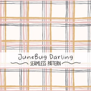 Puede incluir: Un diseño de patrón sin costuras con una cuadrícula de líneas que se cruzan en colores apagados. El patrón incluye líneas en rosa, dorado y gris oscuro sobre un fondo blanco. Se muestra el texto "JuneBug Darling SEAMLESS PATTERN".