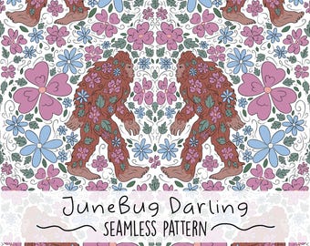 Floral Bigfoot Seamless Pattern Cute Repeating Pattern Colorful Hand Drawn Digital Download Surface Pattern Sasquatch Design Kids Room Art