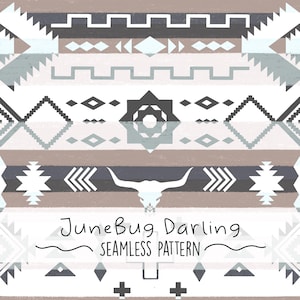 May include: Seamless pattern design in shades of gray, brown, and white with geometric shapes and a bull skull. The text "JuneBug Darling SEAMLESS PATTERN" is at the bottom.