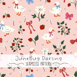 May include: A seamless pattern featuring white geese with colorful bows, strawberries, daisies, and bows on a light pink background. The text "JuneBug Darling SEAMLESS PATTERN" is at the bottom.
