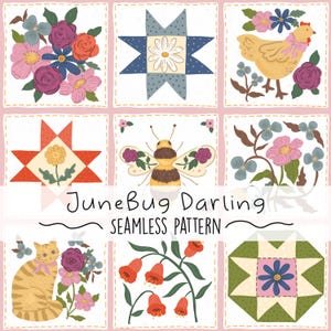 Peut inclure: Un motif de couture sans couture avec neuf blocs carrés. Les blocs présentent des motifs floraux, animaliers et géométriques. Les motifs comprennent une poule, un chat, une abeille et des compositions florales dans des couleurs pastel. Le texte "JuneBug Darling SEAMLESS PATTERN" est également présent.