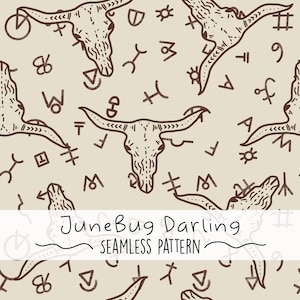 May include: A seamless pattern featuring a brown bull skull with horns and various abstract symbols on a beige background. The text "JuneBug Darling" and "SEAMLESS PATTERN" are included in the design.