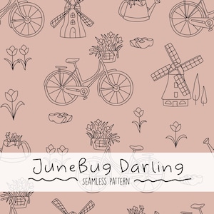 Op de afbeelding: Een naadloos zwart-wit patroon met Nederlandse geïnspireerde afbeeldingen, waaronder windmolens, fietsen, tulpen en klompen. De tekst "JuneBug Darling" staat gecentreerd onderaan het patroon.