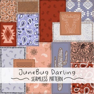 May include: A patchwork design with paisley, geometric, and floral patterns in brown, red, blue, and peach. The text "JuneBug Darling SEAMLESS PATTERN" is at the bottom. The design is reminiscent of a vintage quilt or textile.