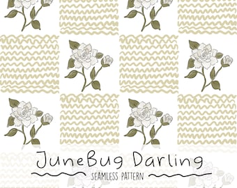 May include: A seamless pattern featuring white roses with green leaves on a white background with a beige wavy line pattern. The text "JuneBug Darling" is centered at the bottom of the image with the words "Seamless Pattern" underneath.