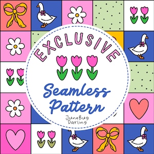 Peut inclure: Un motif sans couture présentant une variété d'illustrations mignonnes, notamment des oies, des fleurs, des cœurs et des nœuds. Le motif est dans une palette de couleurs vives et colorées, avec le rose, le jaune, le bleu et le vert comme couleurs dominantes. Le texte "EXCLUSIVE SEAMLESS PATTERN" est affiché dans un cercle au centre de l'image. Le texte "JuneBug Darling" est affiché sous le cercle.