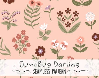 May include: A seamless pattern featuring various stylized flowers in shades of pink, brown, and white on a light peach background. The text "JuneBug Darling SEAMLESS PATTERN" is displayed in a white banner at the bottom.