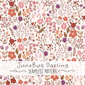 Puede incluir: Un patrón sin costuras con una variedad de flores rosas, rojas y moradas con tallos y hojas marrones sobre un fondo crema. El texto "JuneBug Darling Seamless Pattern" está en la parte inferior de la imagen.