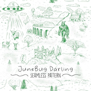 May include: A green and white seamless pattern with a whimsical landscape design. The illustration includes a UFO, a castle, a bridge, a Bigfoot-like creature, and Highland cows. The text "JuneBug Darling SEAMLESS PATTERN" is at the bottom.