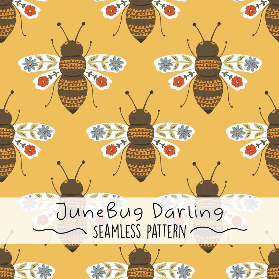 Bees & Florals Seamless Repeat Pattern Hand Drawn Digital Art Spring ...