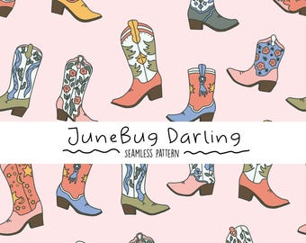 May include: A seamless pattern featuring colorful cowboy boots with various floral, geometric, and star designs on a pink background. The text "JuneBug Darling Seamless Pattern" is at the bottom of the image.