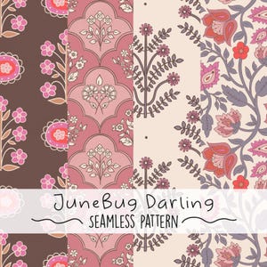 Coordinating Indian Floral Seamless Set of 4 Repeat Patterns Boho Block Print Small Business Muted Tones Background Scrapbook Digital Papers