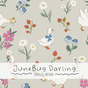 May include: A seamless pattern featuring white geese with blue bows, strawberries, daisies, and pink cosmos flowers. The text "JuneBug Darling" is written in a whimsical font with the words "Seamless Pattern" underneath.