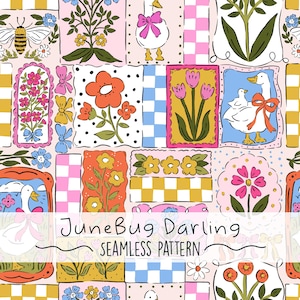 Könnte beinhalten: Ein nahtloses Muster mit einem Patchwork-Design, das Blumen- und Tierillustrationen zeigt. Das Design umfasst Bienen, Enten, Blumen und karierte Muster in Rosa, Gelb, Blau und Orange. Der Text "JuneBug Darling Seamless Pattern" befindet sich unten.