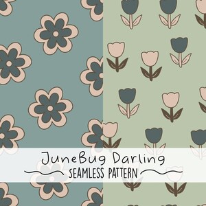 Könnte beinhalten: Zwei nahtlose Muster mit floralen Designs. Das erste Muster ist ein hellblauer Hintergrund mit einem sich wiederholenden Muster aus rosa und blauen Blumen. Das zweite Muster ist ein hellgrüner Hintergrund mit einem sich wiederholenden Muster aus rosa und blauen Tulpen. Der Text "JuneBug Darling Seamless Pattern" wird in der Mitte des Bildes angezeigt.