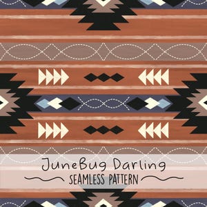 Op de afbeelding: Een naadloos patroon met een geometrisch ontwerp in de kleuren bruin, zwart, wit en blauw. Het patroon doet denken aan Native American kunst en is getiteld "JuneBug Darling Seamless Pattern".