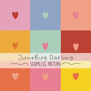 Könnte beinhalten: Ein nahtloses Muster mit einem sich wiederholenden Design aus Herzen in verschiedenen Farben, darunter Rosa, Rot, Orange, Gelb und Grün. Das Muster ist vor einem Hintergrund aus Pastellfarben platziert, darunter Hellrosa, Hellblau, Hellgrün, Hellorange und Hellgelb. Der Text "JuneBug Darling" und "SEAMLESS PATTERN" ist im Design enthalten.