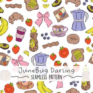Puede incluir: Un patrón sin costuras caprichoso con elementos de desayuno como tostadas con aguacate, gofres, fresas y tazas de café. Incluye un oso de miel, lazos rosas y el texto "JuneBug Darling SEAMLESS PATTERN" sobre un fondo blanco.
