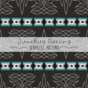 May include: A seamless pattern featuring a black and white geometric design with a turquoise and black stripe. The text "JuneBug Darling" and "Seamless Pattern" is included in the design.