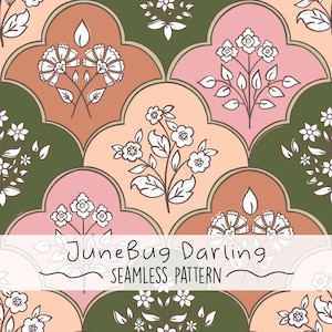 Puede incluir: Patrón floral sin costuras con un diseño repetitivo. Ilustraciones florales blancas sobre un fondo de melocotón, rosa y verde oliva. El texto "JuneBug Darling SEAMLESS PATTERN" se muestra en la parte inferior.