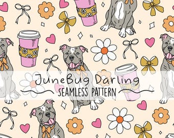 Patrón repetitivo sin costuras de pitbull dibujado a mano. Para amantes de los perros. Para amantes del café. Uso comercial.