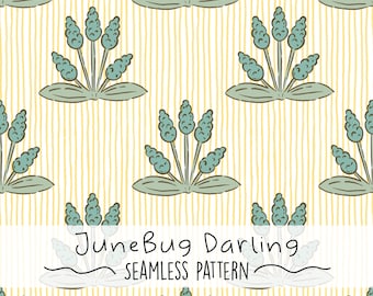 May include: A seamless pattern featuring stylized blue-green floral elements with leaf-like bases, set against a cream background with vertical yellow stripes. The text "JuneBug Darling SEAMLESS PATTERN" is displayed in a white banner.