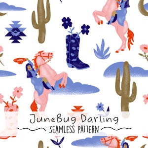Boho Cowgirl Seamless Repeat Pattern Hand Drawn Digital Art Western PNG Digital Pattern Cute Western Boho Art Southwestern Desert seamless