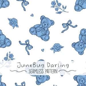 May include: A seamless pattern featuring blue teddy bears, bows, flowers, and hearts on a white background. The text "JuneBug Darling SEAMLESS PATTERN" is also present. This design is suitable for various applications.