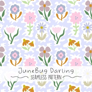 Może przedstawiać: Wzór bez szwów z różnymi kolorowymi kwiatami na jasnofioletowym tle. Kwiaty są w różnych odcieniach różowego, niebieskiego, pomarańczowego i zielonego. Tekst "JuneBug Darling" i "Seamless Pattern" jest zawarty w projekcie.