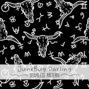May include: Black and white seamless pattern featuring a skull with horns and various symbols. The text "JuneBug Darling" is written across the bottom of the pattern.