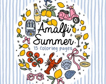 15 páginas para colorir de verão para adultos e crianças - Download digital - Desenhos feitos à mão para relaxar - Imprimíveis - Clima de férias - PDF fácil de colorir - La Dolce Vita