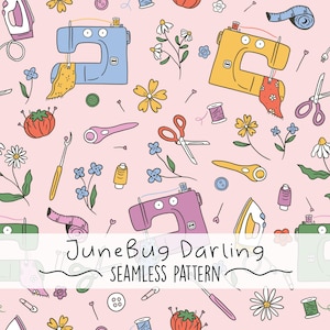 May include: A seamless pattern with sewing machines, scissors, flowers, and sewing tools on a light pink background. The design includes the text "JuneBug Darling SEAMLESS PATTERN". The pattern features a variety of colours and is suitable for craft projects.