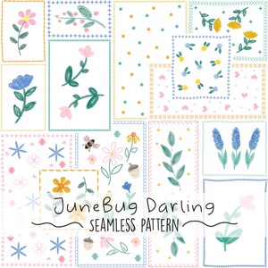 May include: A seamless pattern design featuring embroidered floral and botanical elements in a patchwork style. The design includes flowers, leaves, and a bee, with the text "JuneBug Darling SEAMLESS PATTERN". The color palette includes pink, blue, yellow, and green.