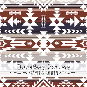 Puede incluir: Un patrón sin costuras con un diseño geométrico en tonos marrones, blancos y grises. El patrón presenta flechas, triángulos y otras formas geométricas. El texto "JuneBug Darling Seamless Pattern" está en la parte inferior de la imagen.
