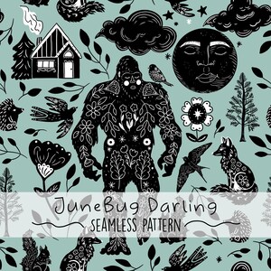 May include: A black and white seamless pattern featuring a large, furry creature with flowers and stars on its body. The pattern also includes a moon, a house, birds, foxes, and hedgehogs. The text "June Bug Darling Seamless Pattern" is at the bottom of the image.