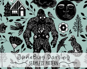 Woodland Bigfoot Seamless Pattern Cute Repeating Pattern Colorful Hand Drawn Digital Download Surface Pattern Sasquatch Design Folk Art