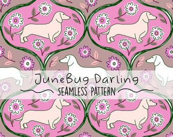 May include: A seamless pattern featuring pink and white dachshunds with pink and white flowers on a brown background. The text "JuneBug Darling Seamless Pattern" is at the bottom of the image.