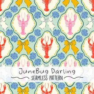 Hummer Nahtloses Küstenmuster Adrettes Kokettes Design Hand gezeichnetes Wiederholungsmuster Grand Millennial Frühling Sommer Vintage Nautik PNG