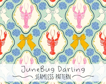 Lobster Coastal Seamless Pattern Preppy Coquette Design Hand Drawn Repeat Pattern Grand Millennial Spring Summer Vintage Nautical PNG